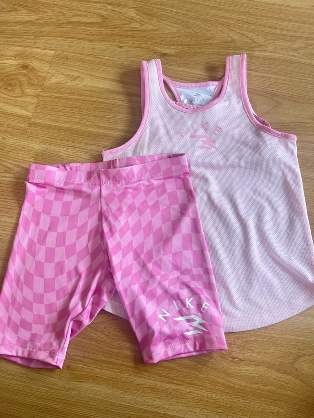 Nike Pink & White Girls Athletic Tank Top and Checker Bike Shorts